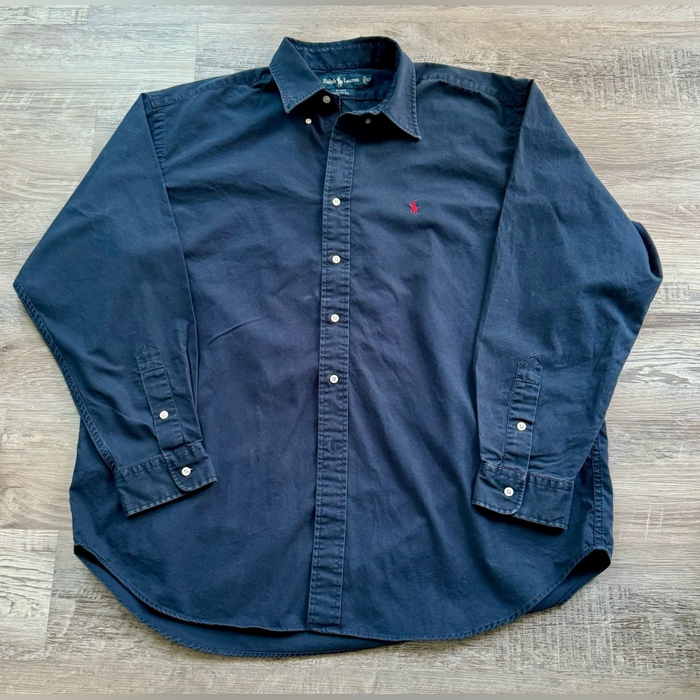 Polo Ralph Lauren Mens XL
Button Down Long Sleeve Dress Black Shirt Red Logo